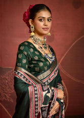 Green Velvet Tusser Silk  Ajrakh Saree